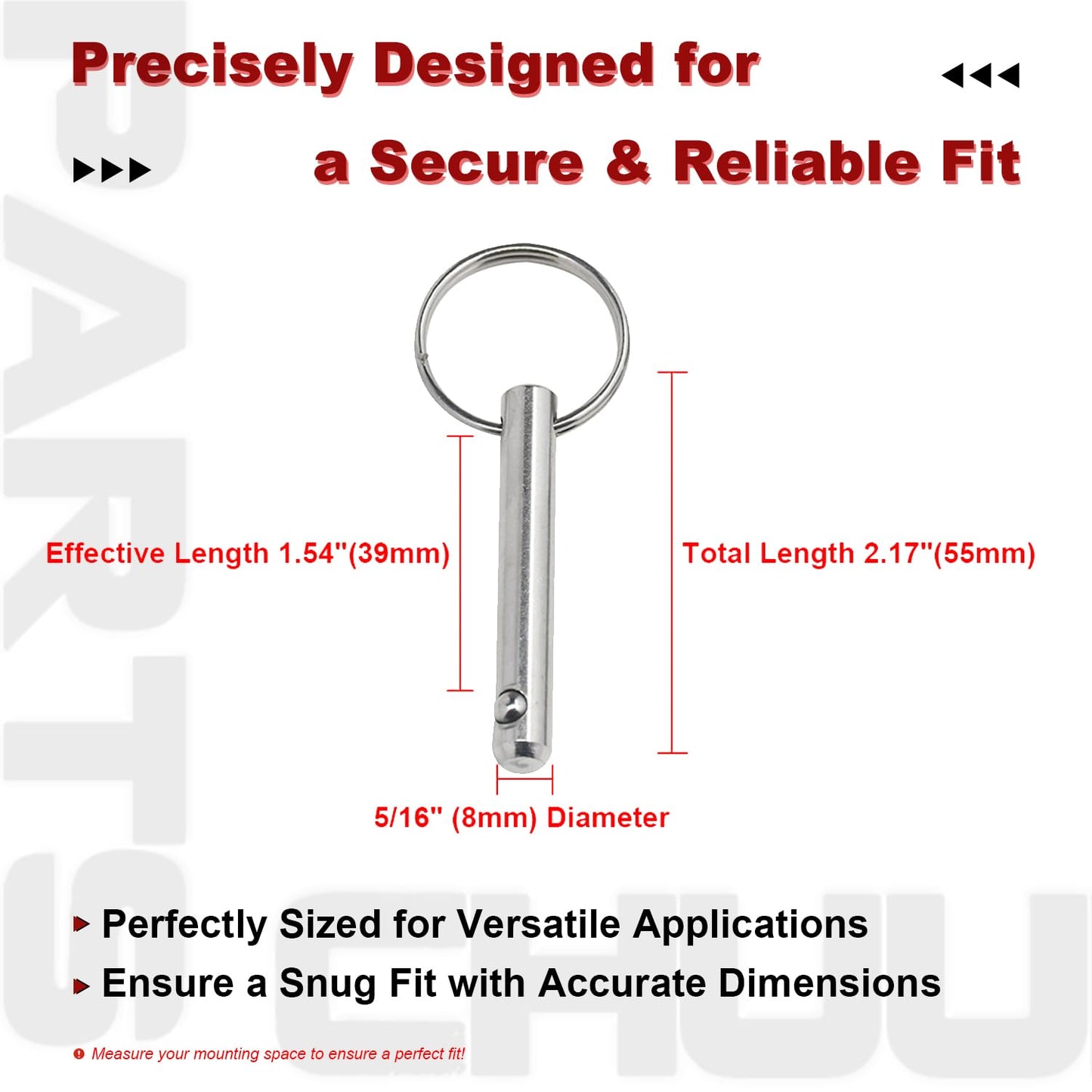 Chuuparts Set of 2 Quick Release Pins, 5/16" (8mm) Diameter, 2.17" (55mm) Total Length, 1.54" (39mm) Usable Length, Made of 316 Stainless Steel, Ideal for Bimini Tops and Marine Hardware
