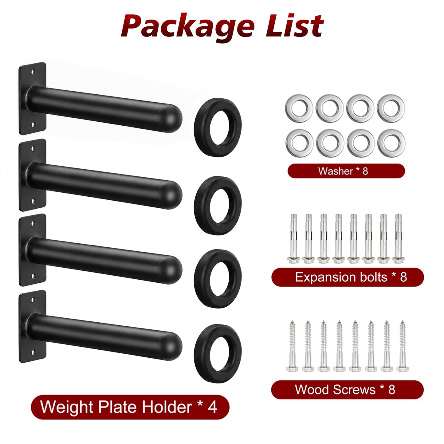 Rumoid 4 Pack Wall Mounted Weight Plate Holder, Weight Plate Holder for 2" Olympic Weight Plates, weight plate rack With Protective Rubber Pad for Garage Home Gym