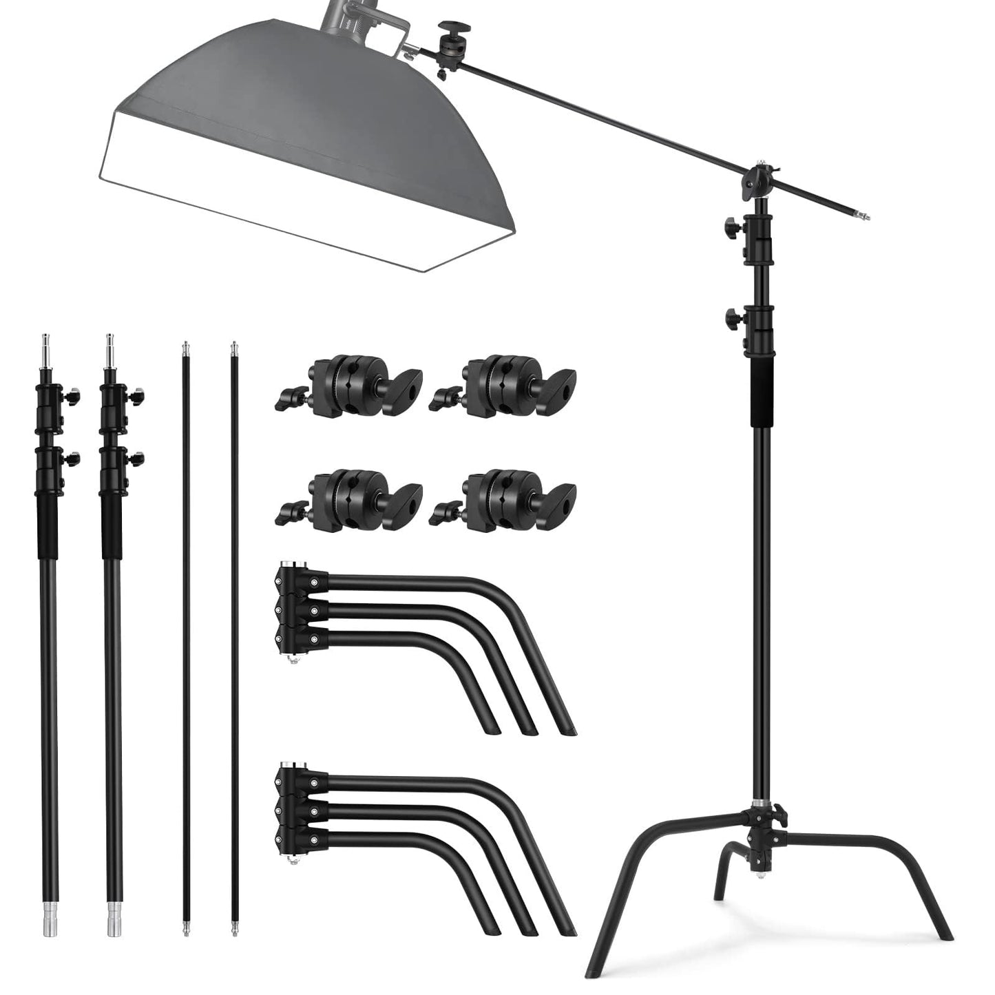 Soonpho 2 Pack 100% Heavy-Duty Steel C-Stand, Pro Photography Light Stand with 3.5'/108cm Extension Arm, Grip Head, Turtle Base for Studio Monolight, Softbox, Reflector, Max Height 10'/305cm – Black