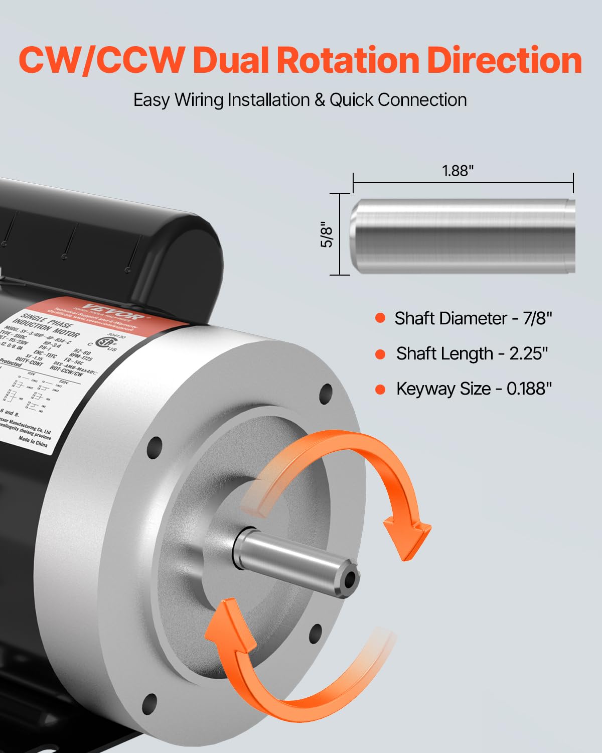 VEVOR 3/4HP Electric Motor 1725 RPM, AC 115V/230V, 56C Frame, Air Compressor Motor Single Phase, 5/8" Keyed Shaft, CW/CCW Rotation for Agricultural Machinery and General Equipment