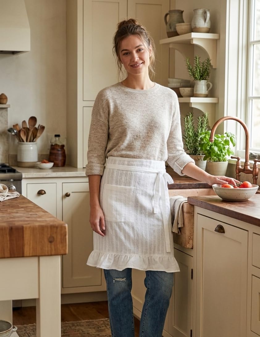 Zulzifs 100% Cotton Half Apron for Women, White Floral Ruffle Adjustable Waist Apron With Pocket Waitress Apron for Gardening Kitchen