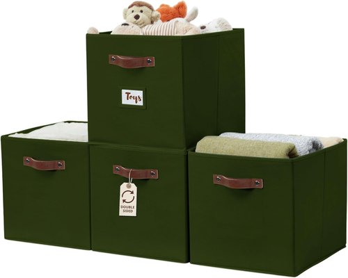 DECOMOMO Storage Baskets - 13x15x13 Cube Bins with Labels for Organized Shelves | Olive Green (4-Pack)
