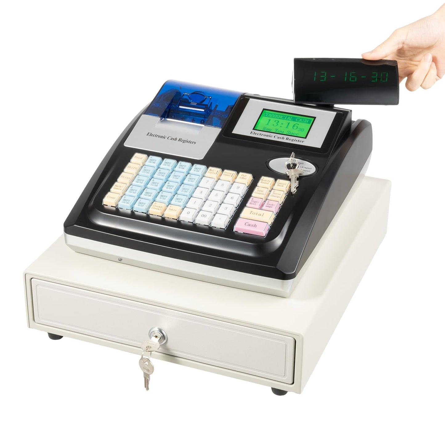 Electronic Cash Register Commercial Cash-Register with Thermal Print Head and 8-Digit LED Customer Screen 48 Keys Keyboard and Cash Drawer Register for Shops, Supermarkets, Restaurants (Black)