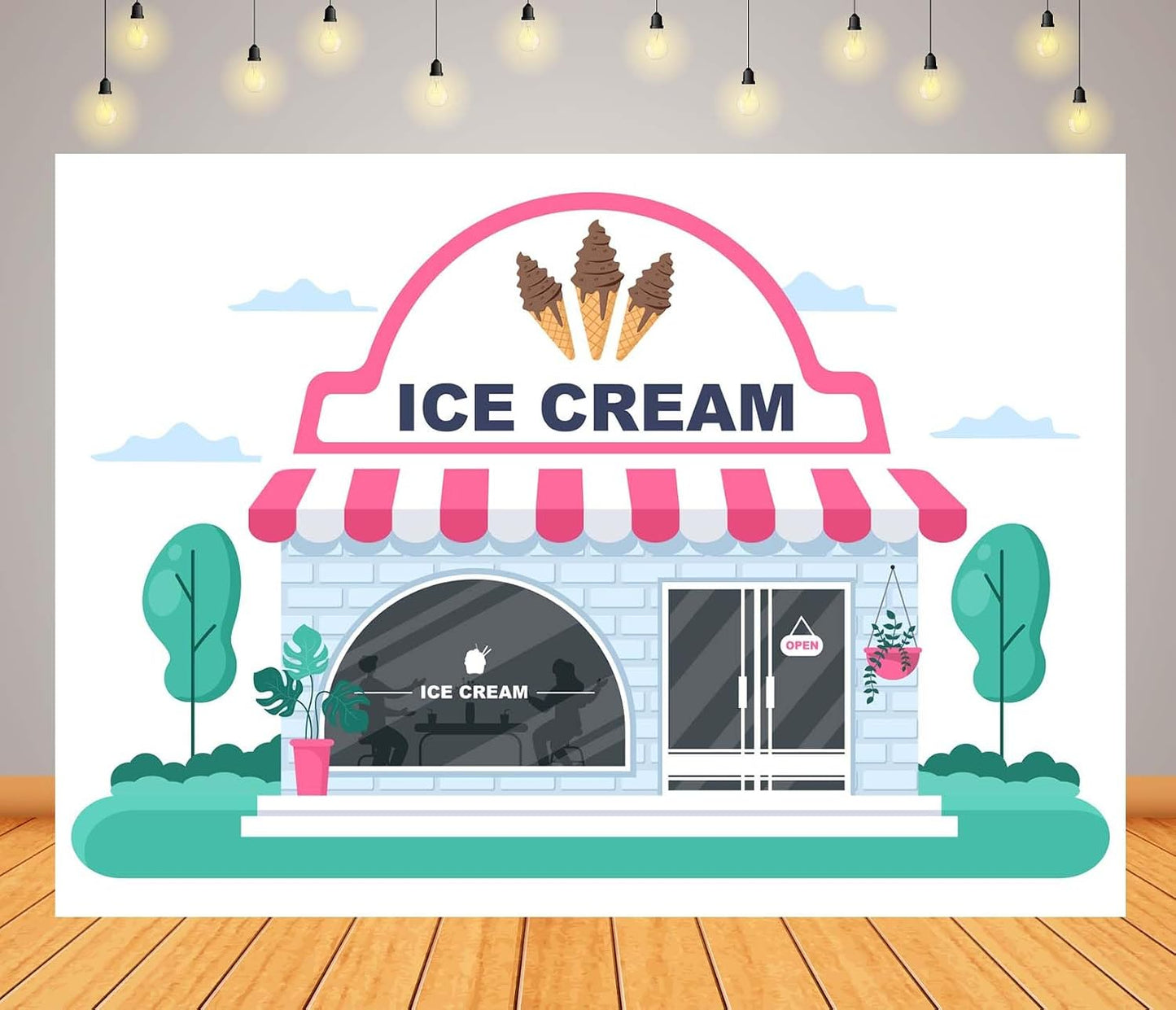 CORFOTO 10x8ft Summer Fabric Ice Cream Shop Backdrop Pink White Striped Awning Brick Building Scene Photography