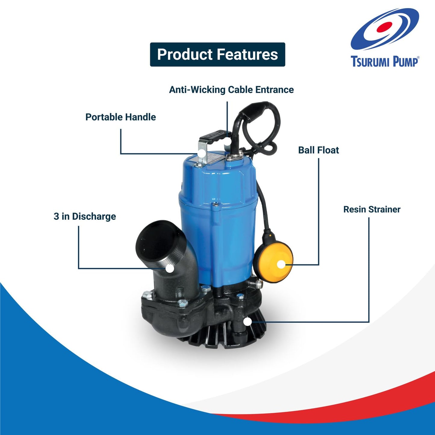 Tsurumi Pump HSZ3.75S Submersible Trash Pump Float Switch 1 HP 115V 3 in Discharge Dewatering applications - sand & solids, where auto operation is needed | 66 GPM / 4000 GPH