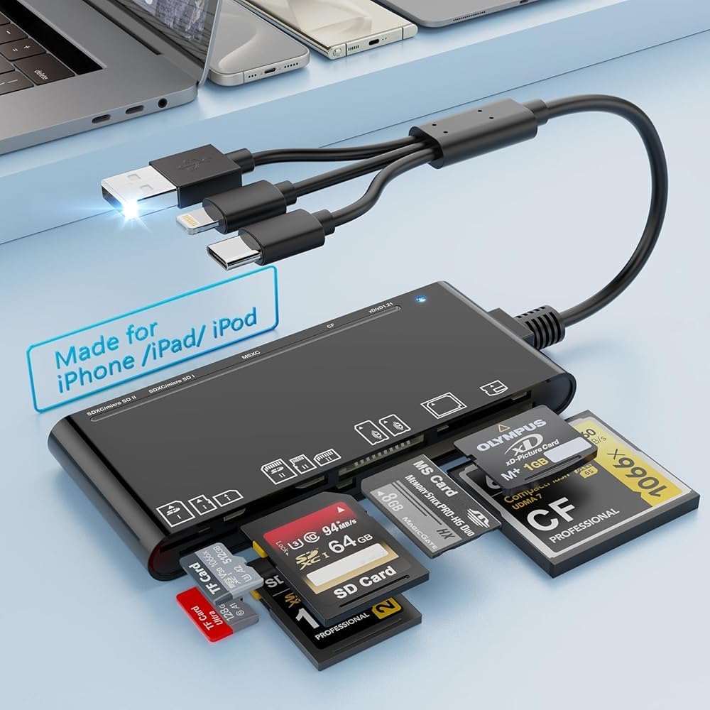 MTAKYA 7-in-3 USB3.0 5Gbps Multi Memory Card Reader, USB C Lighting Multi Card Reader for SD TF CF XD MS,SD Card Reader