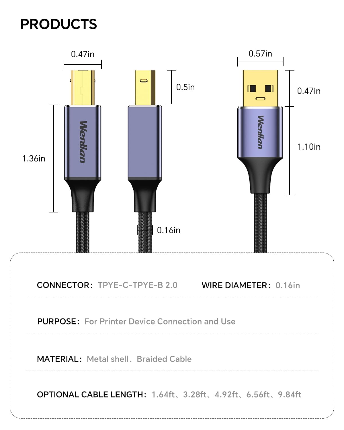 10ft 2.0 USB Printer Cable, USB A to B Cable with Ferrite Bead, Gold-Plated Connector, Nylon Braided Cord Compatible