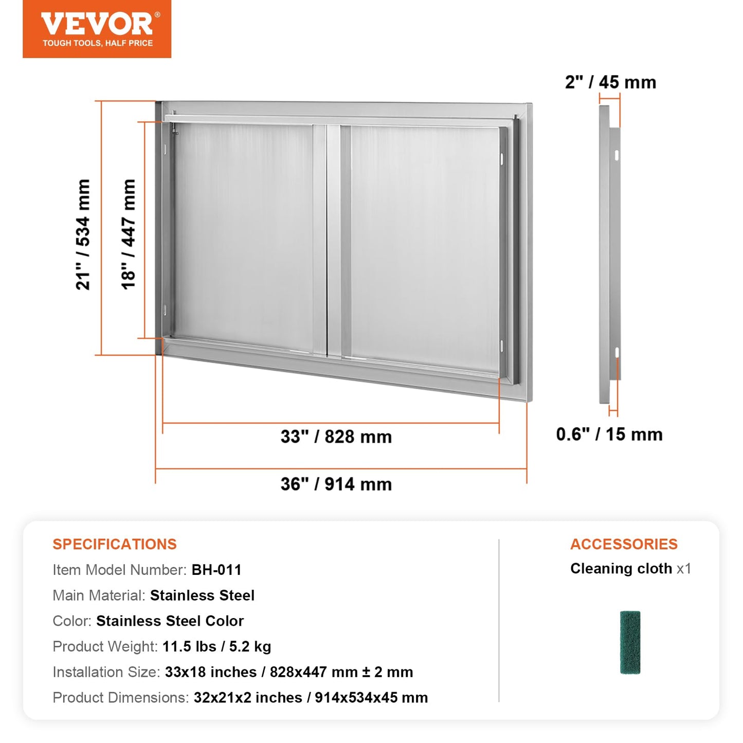 VEVOR BBQ Access Door, 36W x 21H Inch Double Outdoor Kitchen, Stainless Steel Flush Mount, Wall Vertical With Recessed Handles, for BBQ Island, Grilling Station, Outside Cabinet