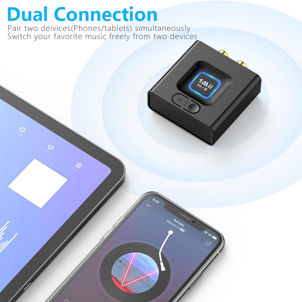 1Mii 5.1 3.5mm 12hrs Bluetooth Receiver for Home Stereo, Bluetooth Audio Adapter with RCA, Wireless Hi-Fi Music