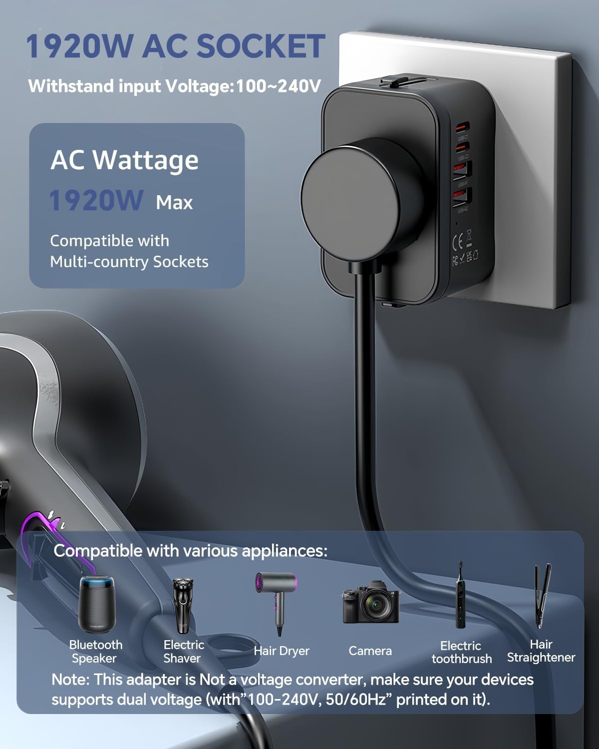 MINGTONG 2 PD20W 2 QC18W Universal Travel Adapter with USB-C & USB-A Ports, Fast Charging International Power Plug