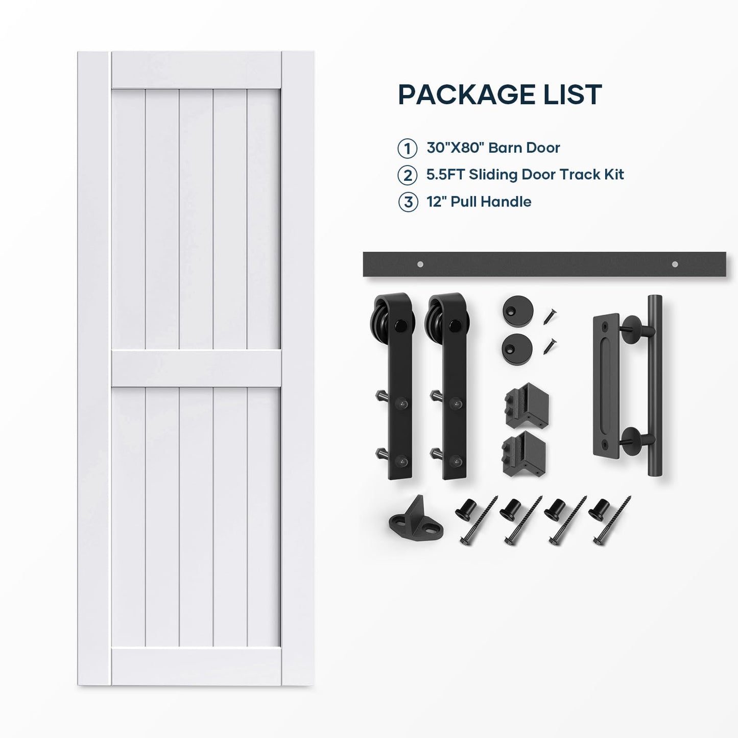 EaseLife 30 x 80 inch White Barn Door with 5.5FT Sliding Door Hardware Kit Included & Handle,Solid Wood Covered with Waterproof PVC Surface,DIY Assemblely,Easy Install,H-Frame,Fit 26-28in Wide Opening