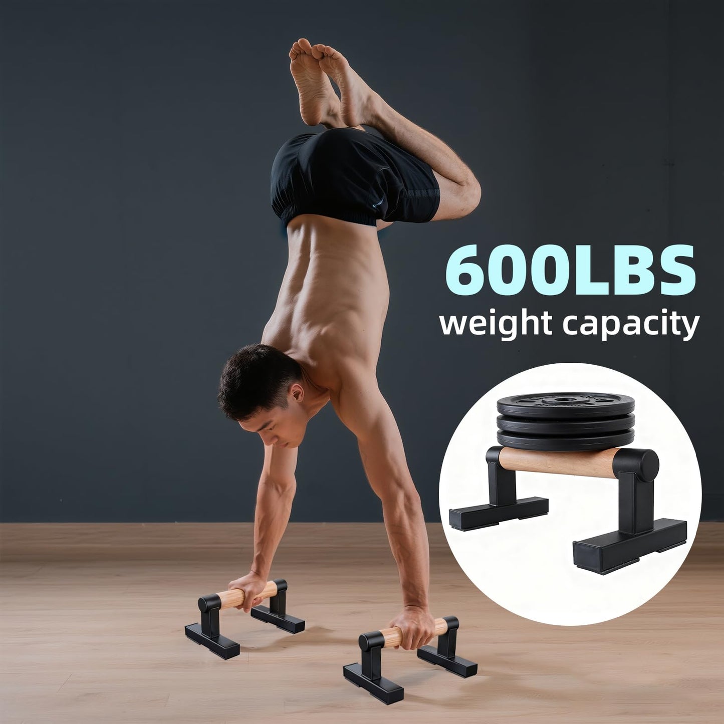 BESTWEI 1 Pair Solid Wooden Parallettes Bars for Calisthenics, Heavy Duty Metal Brackets Pushup Handles Home Floor Workout Push Up Bars, Gymnastics Handstand Training Bar 600LBS-10inch