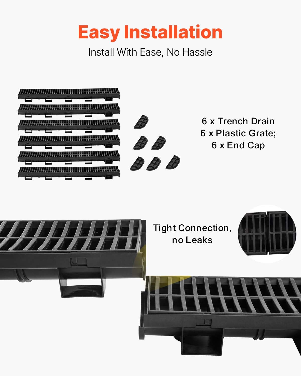 VEVOR Trench Drain System 6 Pack, Channel Drain with Plastic Grate 5.8 x 3.1 in HDPE Drainage Trench, Black Plastic Garage Floor Waterway 6 x 39 in with 6 End Caps for Garden Driveway