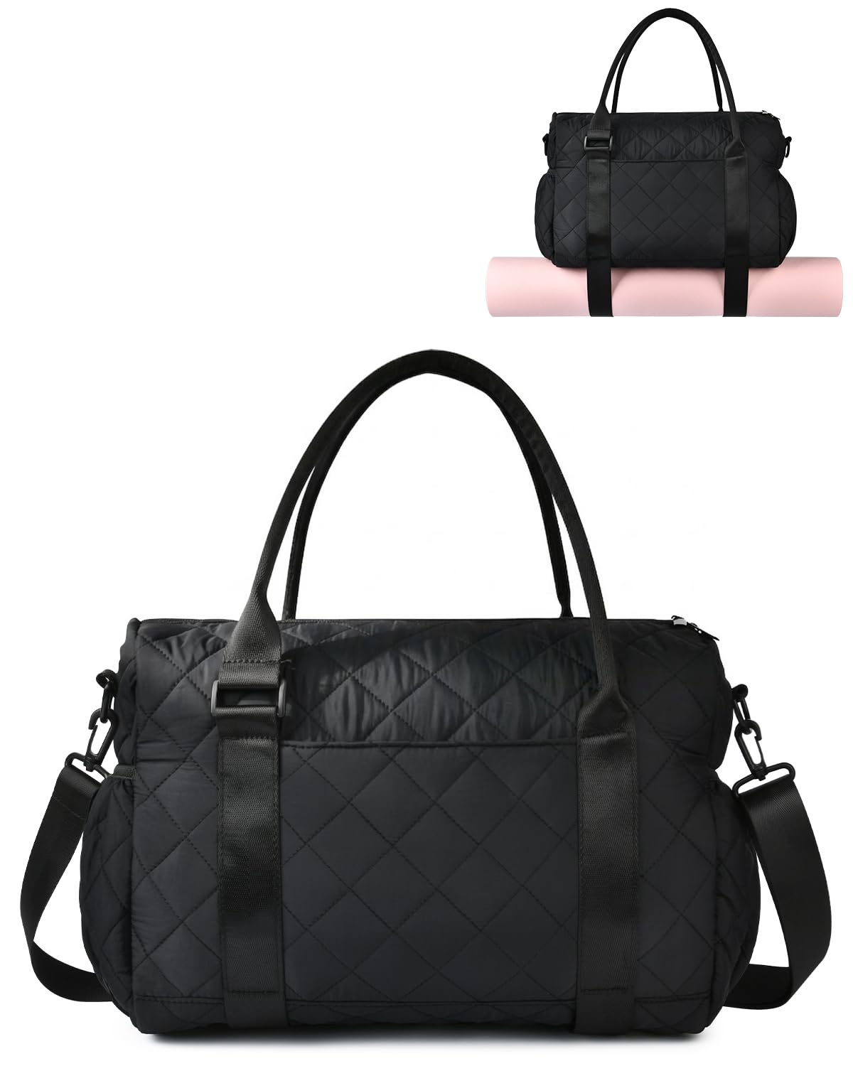 KUIRAN Gym Bag for Women with Yoga Mat Holder, Small Mini Gym Tote Bag Puffy Quilted Lightweight Sports Duffel Bag with Wet Compartment for Dance Yoga Workout Travel - Black