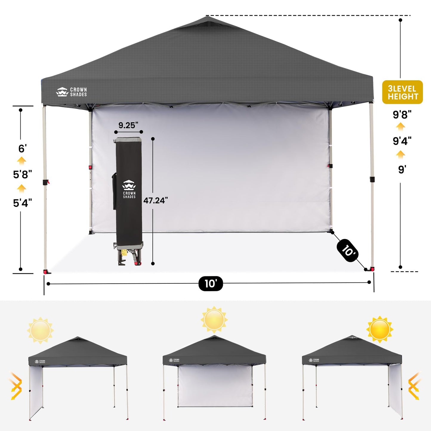 CROWN SHADES 10x10 Pop Up Canopy with 1 Side Wall - Beach Tent with One Push Setup - Outdoor Sun Shade for Events, Parties, Camping - Gazebo with STO-N-Go Cover Bag (Grid Grey)
