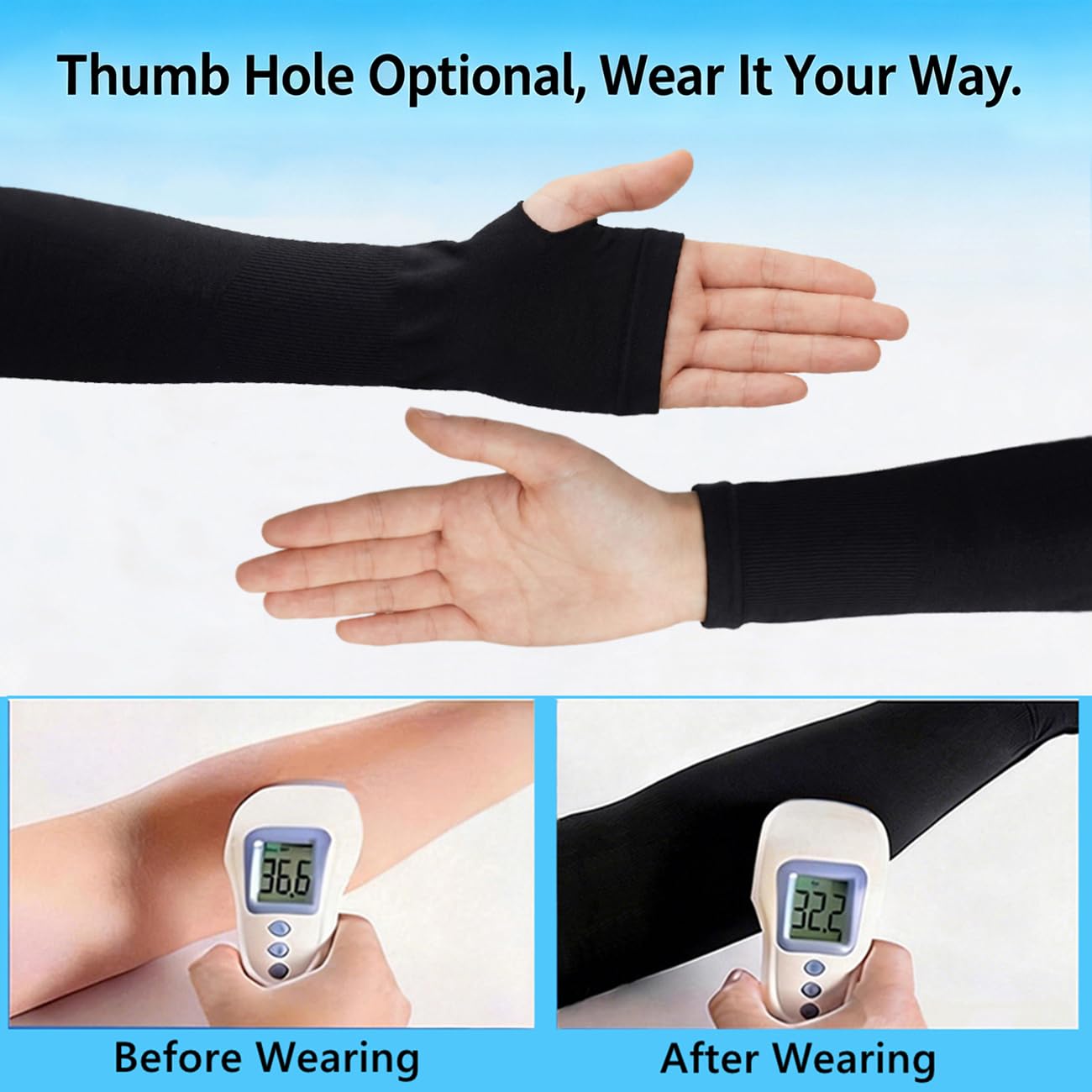 JUSDIQIR Sun Protection Arm Sleeves With Thumb Holes for Men Women, Cooling Compression UV Arm Cover, Outdoor Sports Sleeve (Black 1 pair)