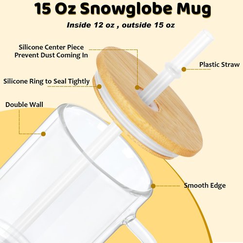 Maucircol 15 Oz Pre-Drilled Glass Snow Globe Tumbler with Handle, 6 Pack Double Wall Snowglobe Cup Coffee Mug For Snow Globe Diy Glitter, Clear