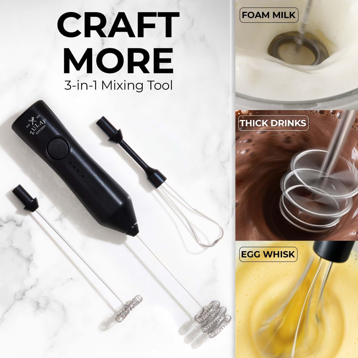 Zulay Kitchen Rechargeable Milk Frother - 3 Speeds & 3 Whisk Attachments - USB Charging for Lattes & Cappuccinos - Black