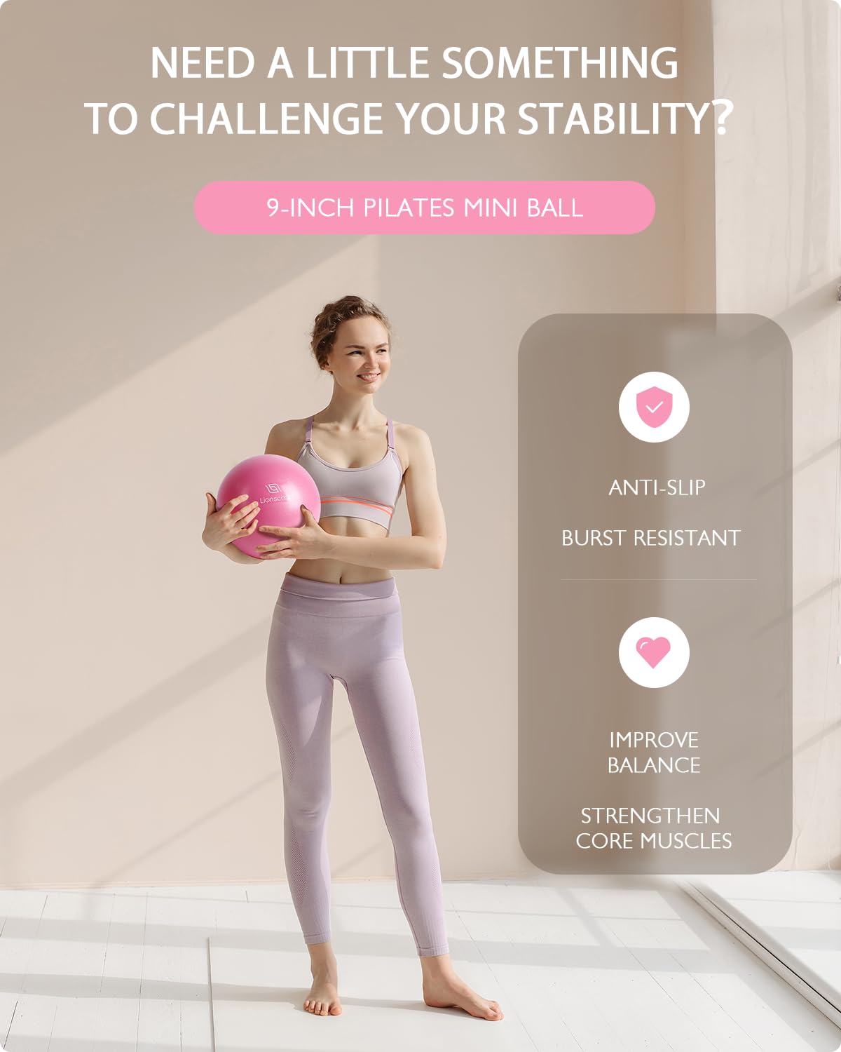 LIONSCOOL Pilates Ring Set (Pink) - 14" Anti-Deformation Magic Circle with Padded Handles, 9" Mini Ball, Elastic Latex Resistance Bands, Guide & Bag