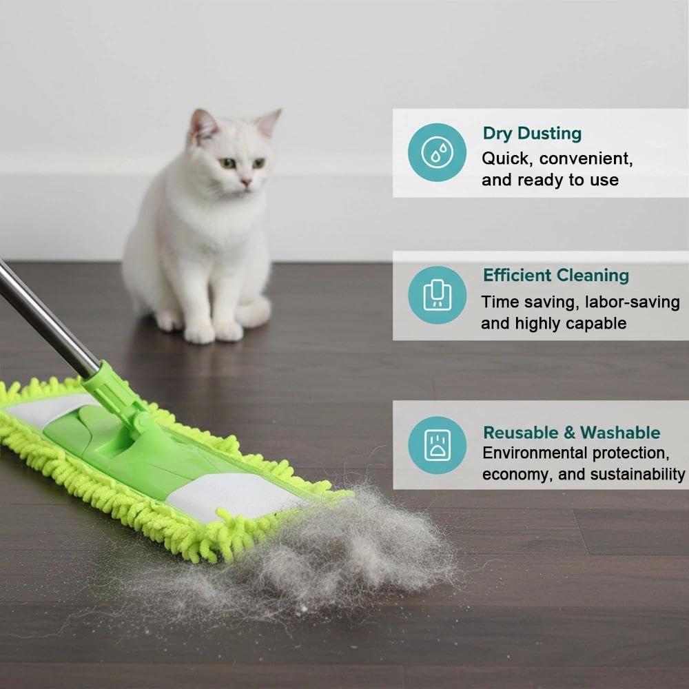 Dust Mop for Floor Cleaning with 2 Washable Chenille Pads and Extendable 58” Long Handle, Dry Wet Flat Mop with Scouring Pad for Hardwood, Laminate, Tile, Marble (Green)