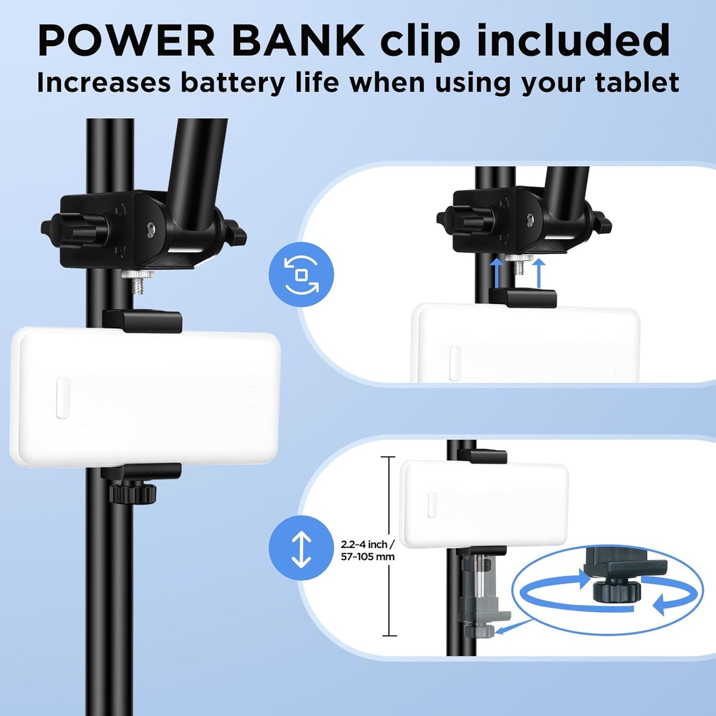 LZSIG 4.7-13.5" Tablet Holder for Mic Stand with Power Bank Clip - Adjustable iPad/iPhone Mount for Music Stand