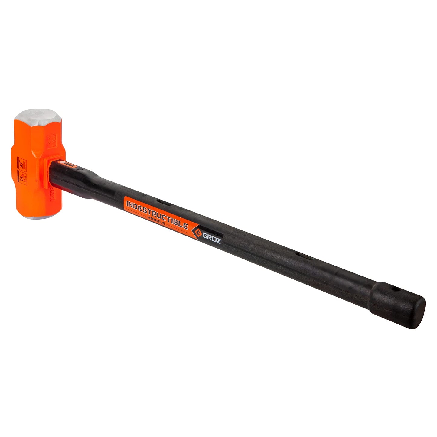 Groz Heavy Duty Sledge Hammer, 14 lb Head, 30 in Indestructible Handle with 6 Spring Steel Bars, 50-58 HRC Forged Head, Rubber Grip, Hi-Vis Orange, BS 876 / ANSI/SANS 387:2014 (34516)