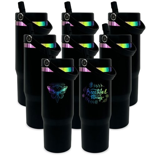 Metalya 30 oz Tumbler Bulk with Handle and Straw, Vacuum Insulated Tumblers with Flip Straw and Top Handle, Leakproof Powder Coated Tumbler, Stainless Steel Travel Mug for Coffee Water (Black, 8 Pack)