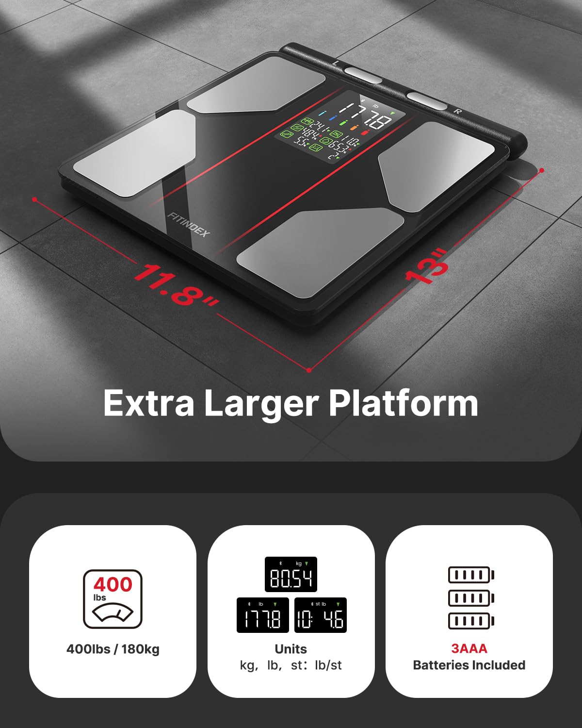 FITINDEX Smart Scale for Body Weight, [2026 Upgraded], Body Composition Analyzer with 8-Electrode Large Platform for Weight, BMI, Fat, Muscle Mass, Segmental Muscle Analysis, High Precision, 400 lbs