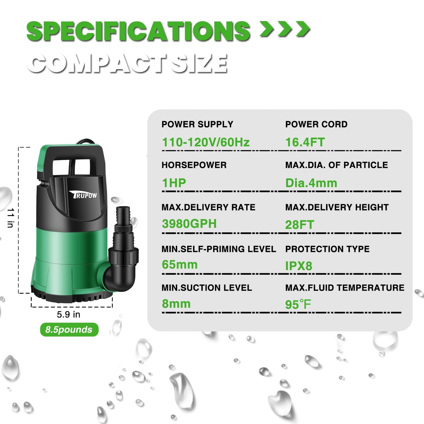 TRUPOW 1 HP Sump Pump Submersible Water Pump 3981 GPH Portable Thermoplastic Electric Utility Pump for Swimming Pool Garden Basement Tub Pond Draining Remove Water Level Down to 0.3"