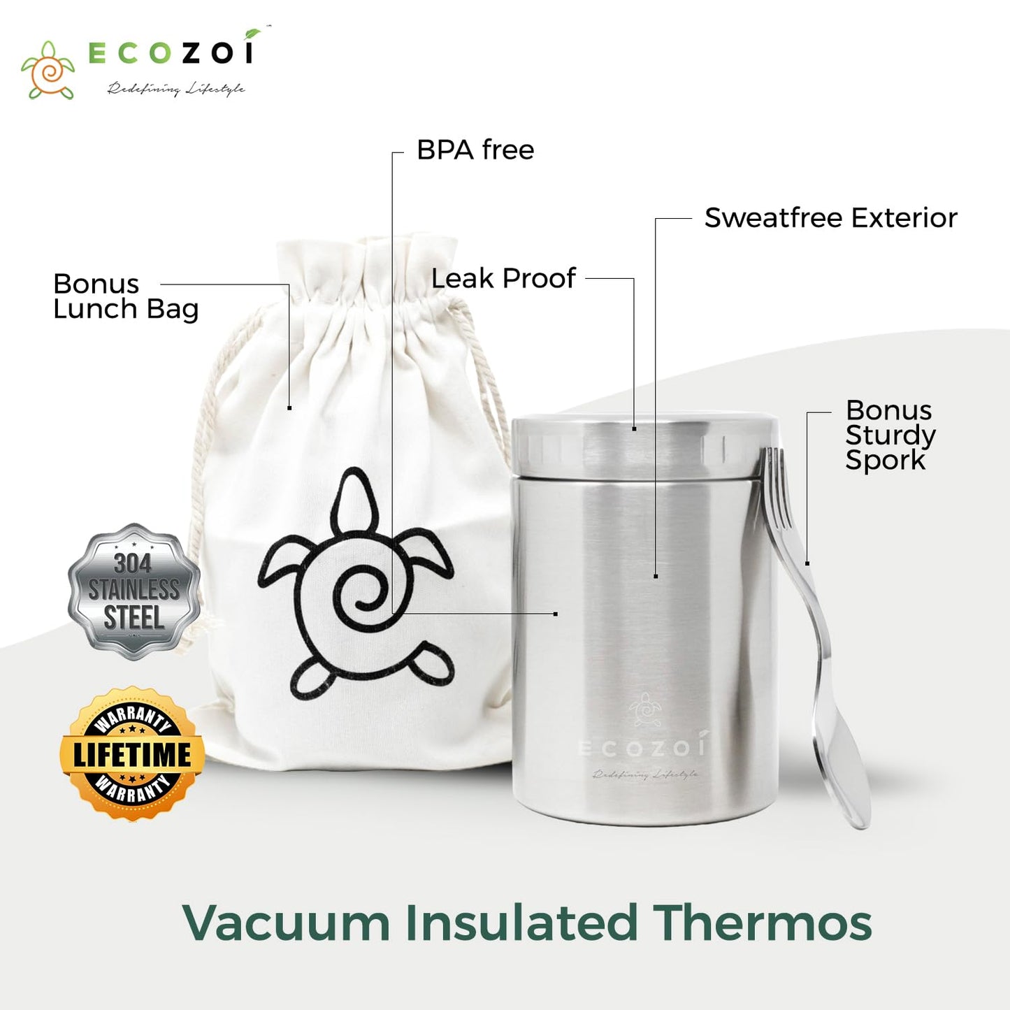 ecozoi Stainless Steel Insulated Lunch Box, Vacuum Insulated Food Jar, 17 Oz + Spork + Lunch Bag