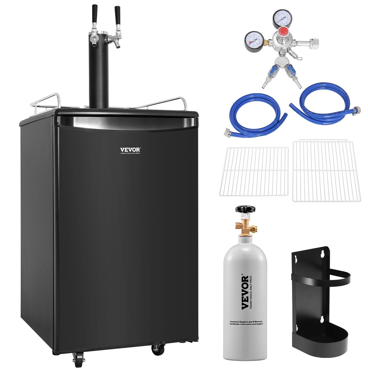 VEVOR Beer Kegerator, Dual Tap Commercial Draft Beer Dispenser for D system, Full Size Keg Refrigerator with 5lbs CO2 Tank, Hold 2 Sixth / 2 Ball lock keg, Black