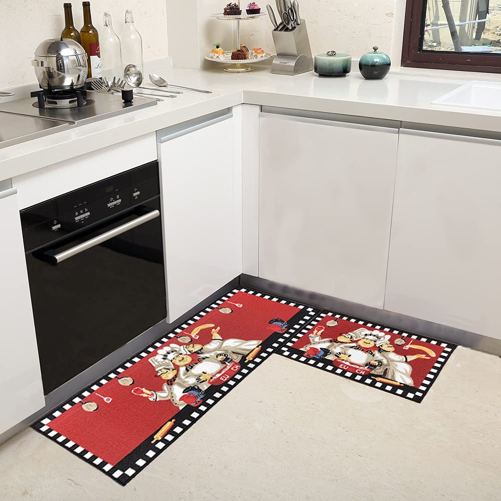 EUCH 2 Piece Kitchen Mat Rubber Backing Carpet Doormat Runner Bathroom Rug Set,17"x47"+17"x23" (Big Three Chef)