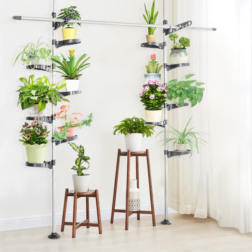 BAOYOUNI Indoor Plant Pole Stand Double Tension Rods Flower Pot Storage Shelf Holders Floor to Ceiling Display Rack Hanger with 12 Trays, 2 Hooks & 1 Telescopic Rod for Clothes Drying, Grey
