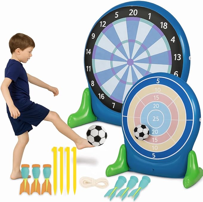 Hearthsong Jumbo 57-Inch Inflatable 2-in-1 Darts and Soccer Set with Double-Sided Scoreboard, Two Soccer Balls, Six Darts, Outdoor Play, Ages 5 and Up