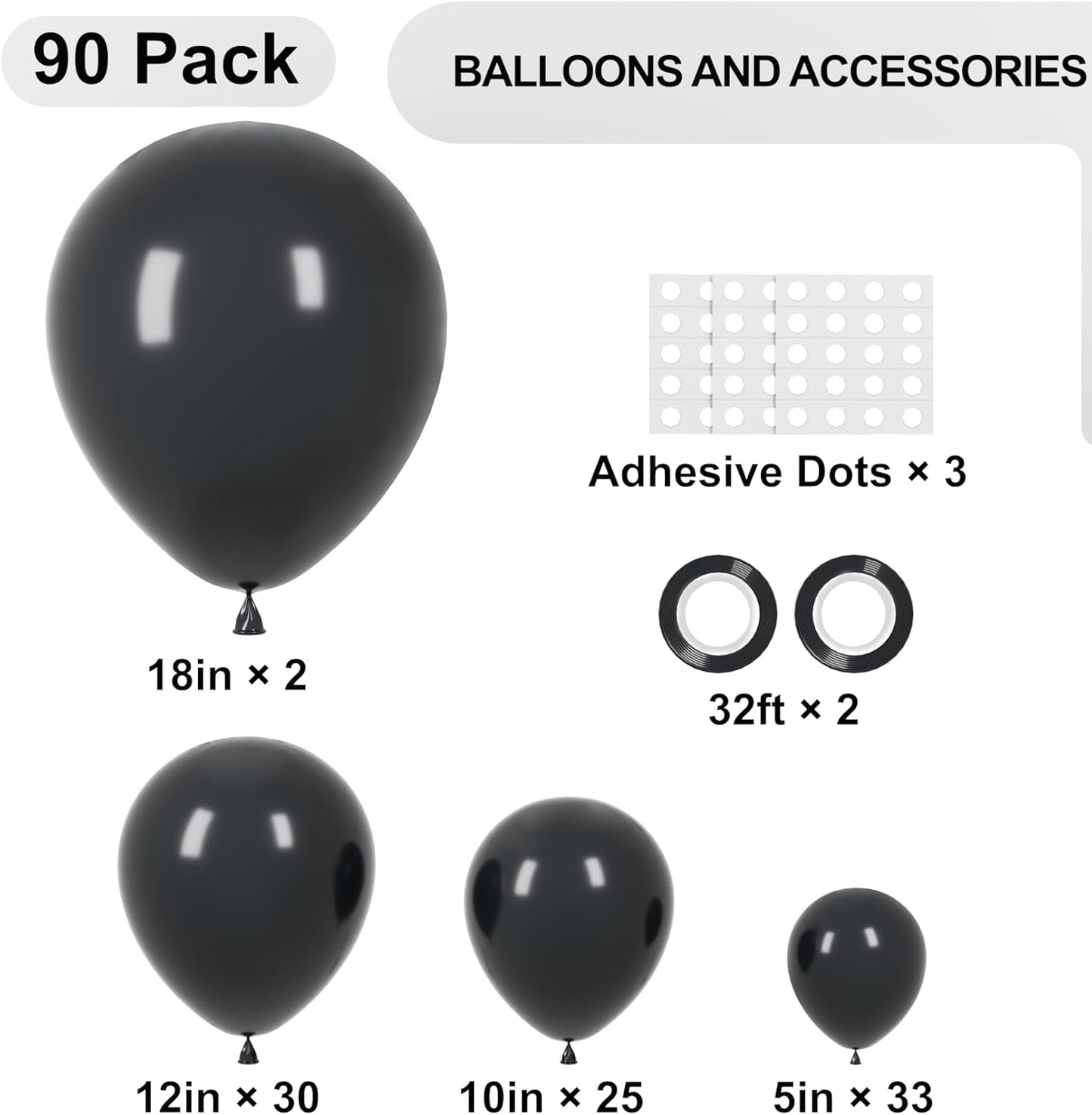 Voircoloria Black Balloon Garland Arch Kit - 90 Pack in 18/12/10/5 Inch Sizes for Graduation, Weddings, and Parties