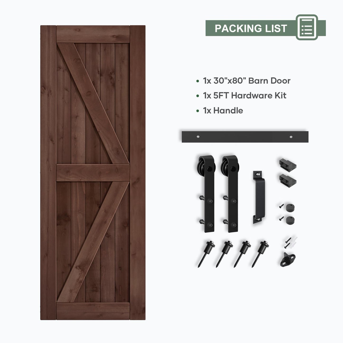 ROYMELO 30x80 inch Sliding Barn Wood Door Slab with 5ft Hardware Kit and Handle, Coffee, K Shape, Simple DIY Assembly