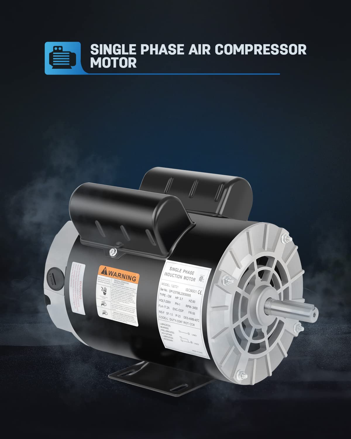 Air Compressor Motor 3.7 HP Electric Motor, 3450 RPM, 230V Single Phase, 56 Frame 5/8 Keyed Shaft 60 HZ
