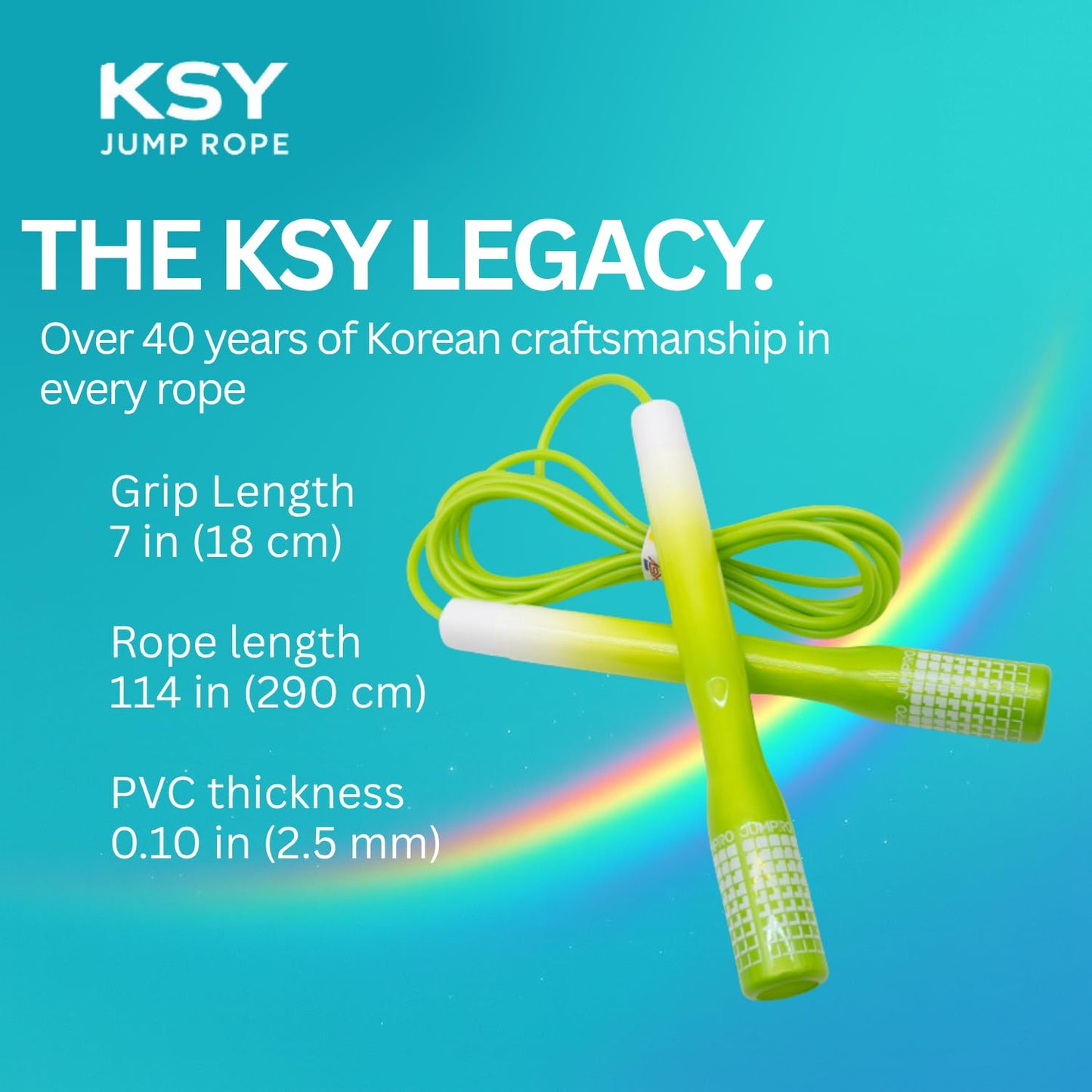 KSY Rainbow Jump Rope (J-710, Green) – Adjustable Cardio Rope for Women’s Fitness & Home Workouts | Soft-Grip Handles, Smooth PVC Cable, Lightweight Design | Made in Korea