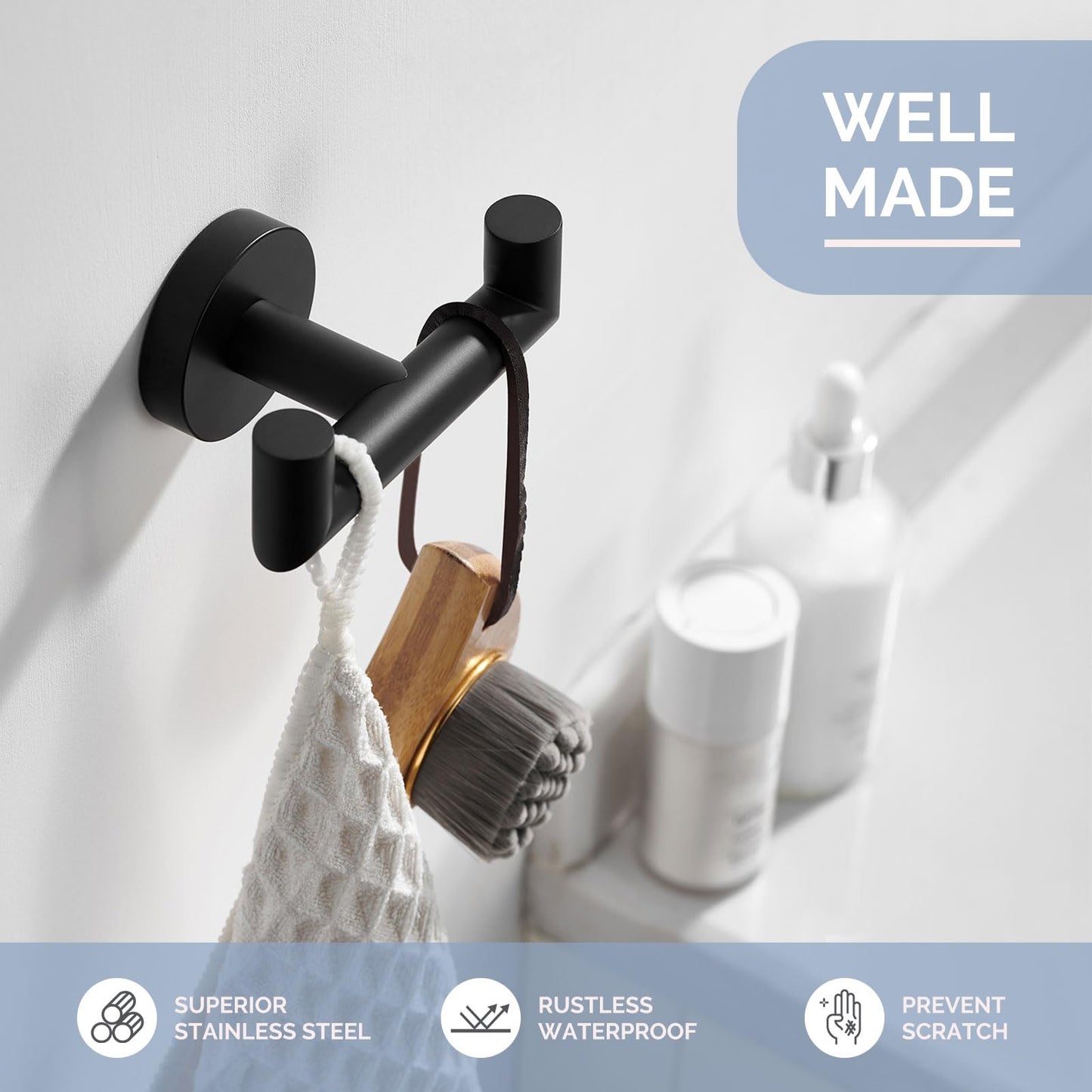 Angle Simple Double Towel Hook, SUS304 Stainless Steel Bathroom Hand Towel Holder, Coat Hook for Wall, Matte Black