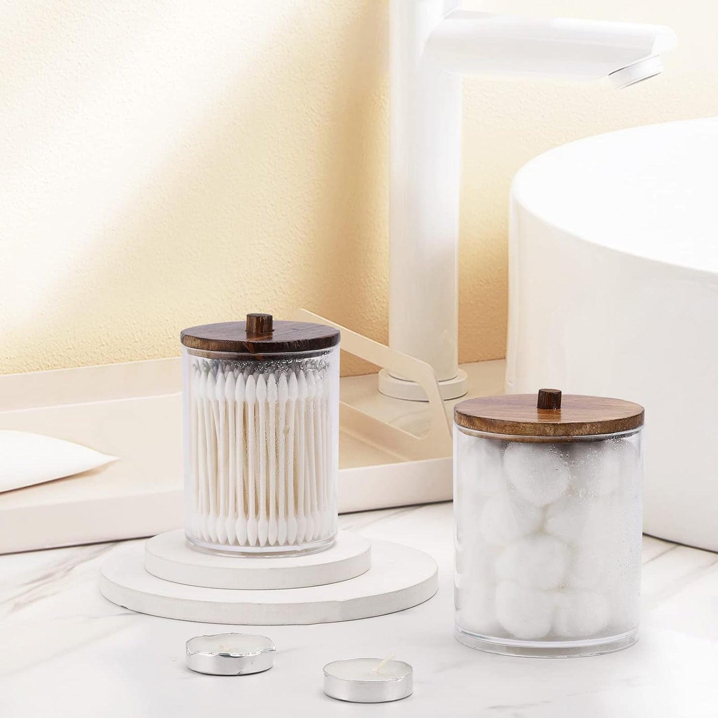 Tbestmax Qtip Holder Dispenser - 4 Pack Clear Plastic Apothecary Jars with Brown Wood Lids | 12oz & 10oz