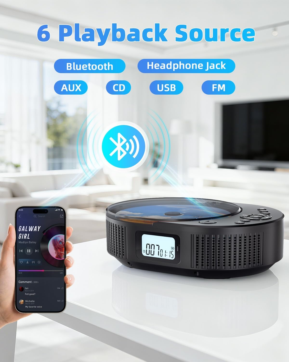 FELEMAN Portable CD Player, Bluetooth CD Player with Speakers, CD Players for Home, Boombox CD Player for Car, Supports