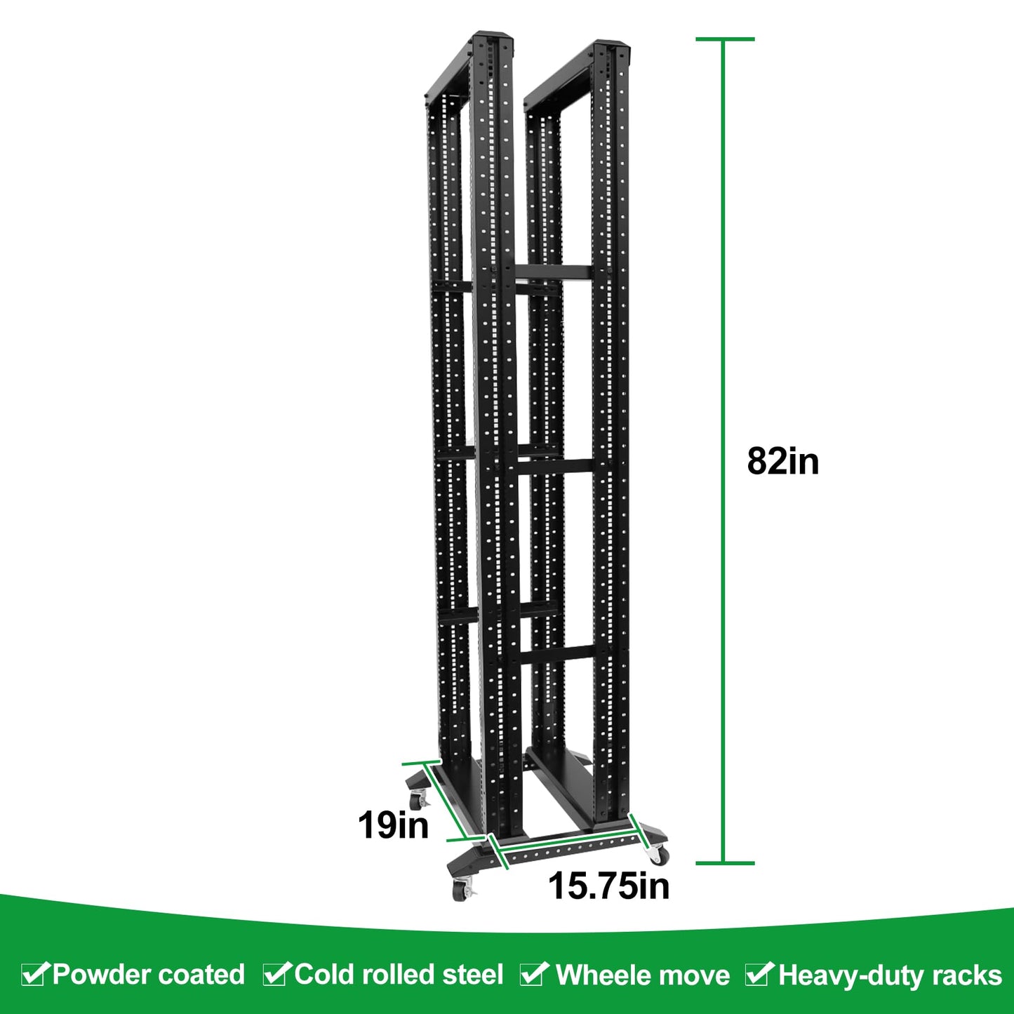 42U Server Rack/4-Post 19in Network Rack/Open Frame Rack with Wheels, Heavy-Duty Frame Cabinet/Adjustable Depth 15.75-13.75in GLOBALRACK，(4POST-600-42U)