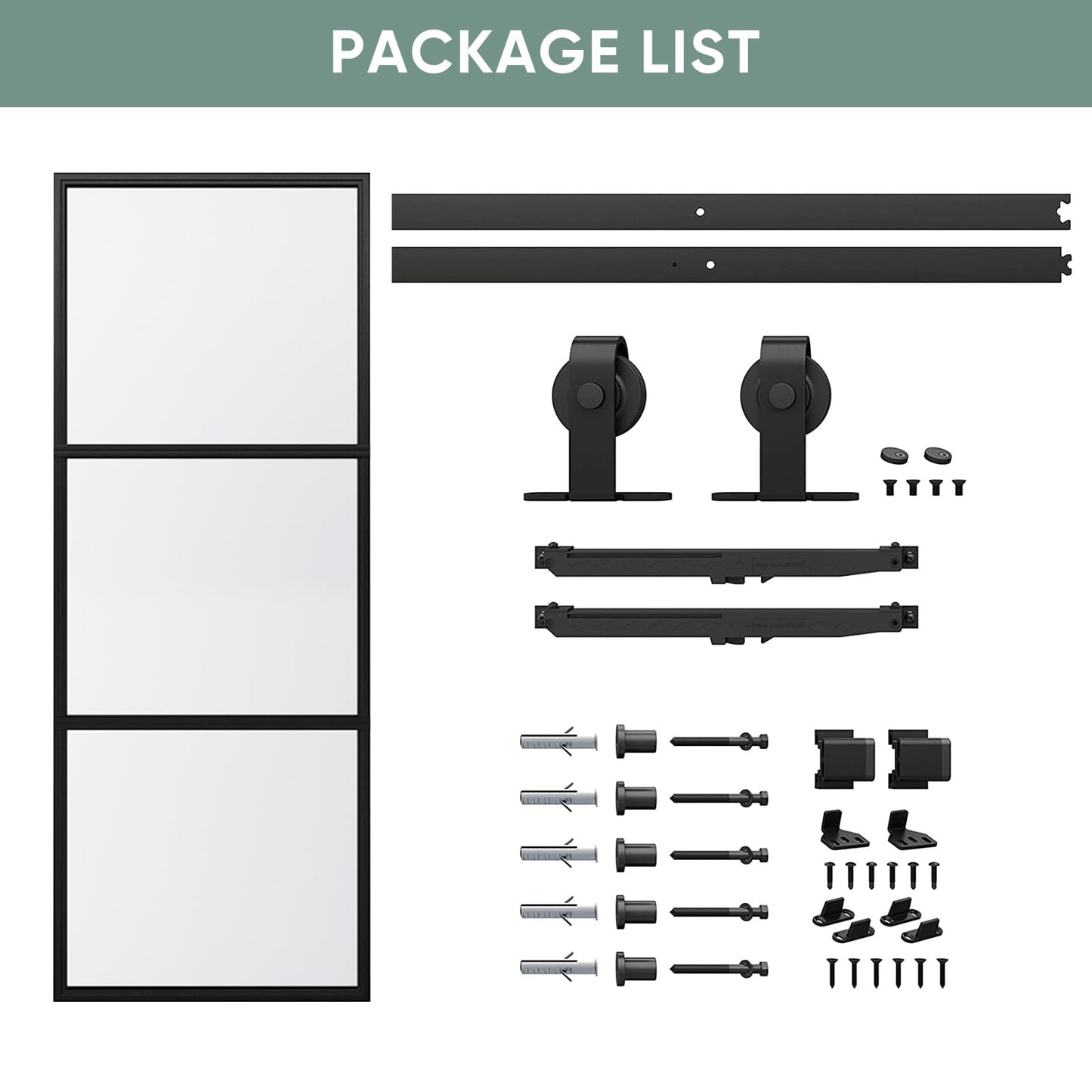 JUBEST 36in x 84in Glass Barn Door, Clear Tempered Glass Carbon Steel Pre Drilled Frame Sliding Barn Door Panel with 6FT Hardware Kit and Soft Close, Easy to Install