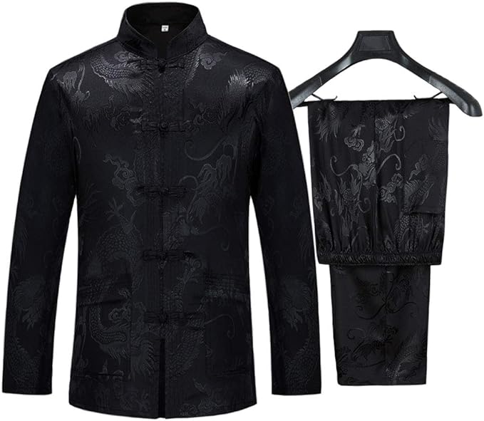 wecotton Tang Suit Men Hanfu Chinese Traditional Clothes Kung Fu Shirt Uniform Long Sleeved Coat Tops and Pants