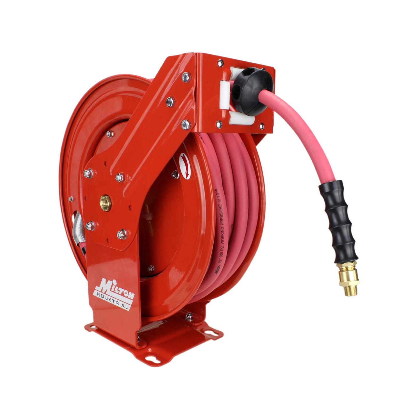 MILTON Industrial Hose Reel 2790-50D, Auto Retractable, Chemical Resistant, Prevent Cracking, Flexible in Extreme Conditions,1/2” Hose ID, 50 Foot Rubber Hose, 300 PSI Max Pressure,1/2" Male NPT, Red