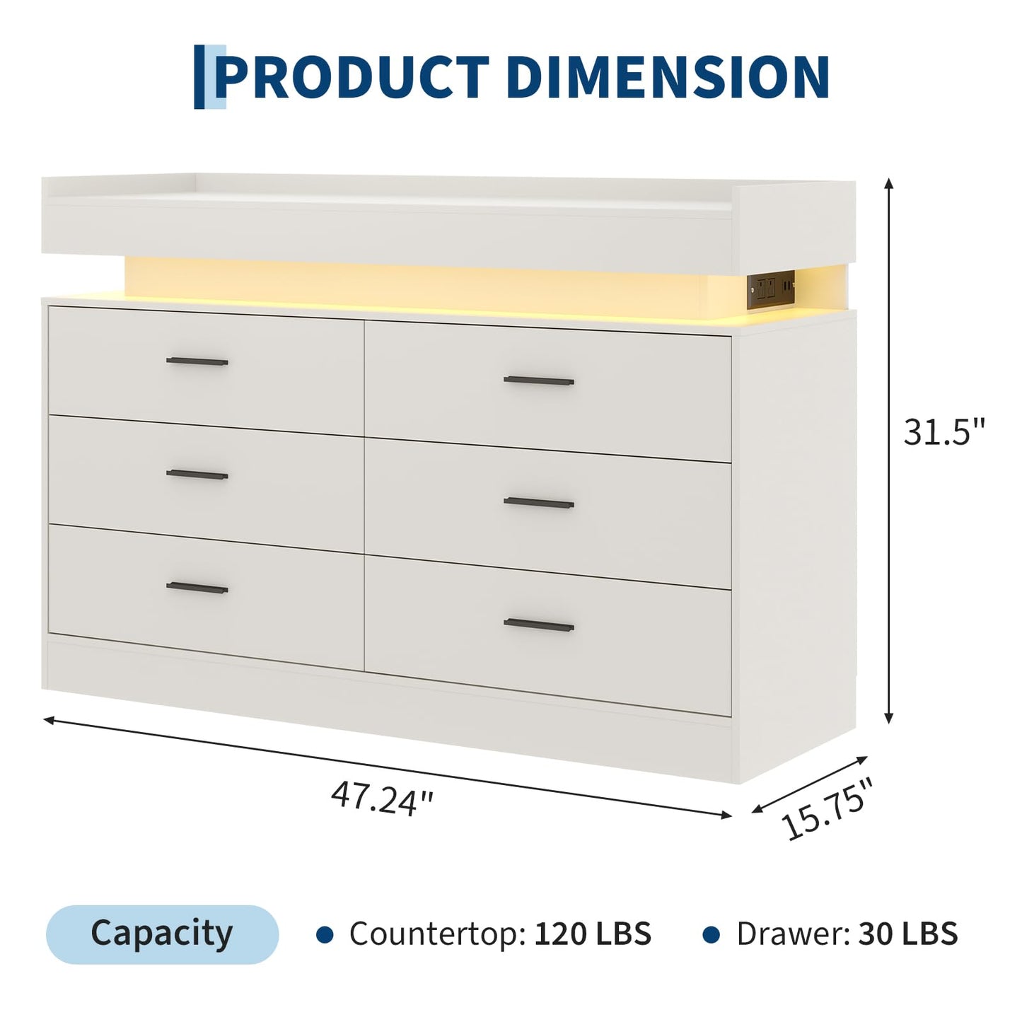PeacefulHues TV Stand Cabinet with LED Lights & Charging Station, Coffee Bar Cabinet Floating Countertop, Modern Sideboard Buffet 6 Drawers for Home, Living Room, White