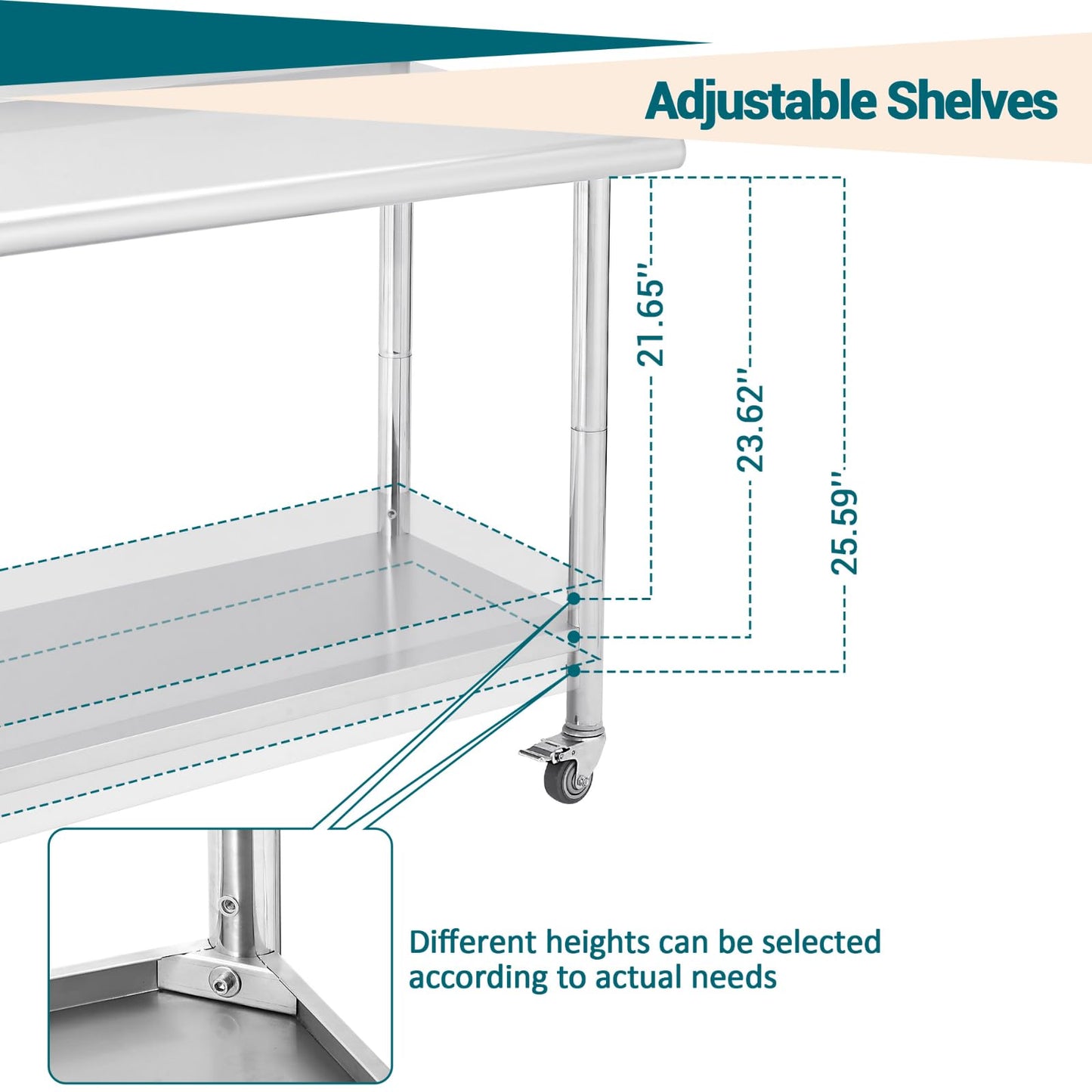 MilleLoom Stainless Steel Work Table with Wheels - 36"x24" Commercial Food Prep Table with Removable Trash Rack & Adjustable Undershelf, Heavy Duty Metal Worktable for Restaurant, Kitchen, Home