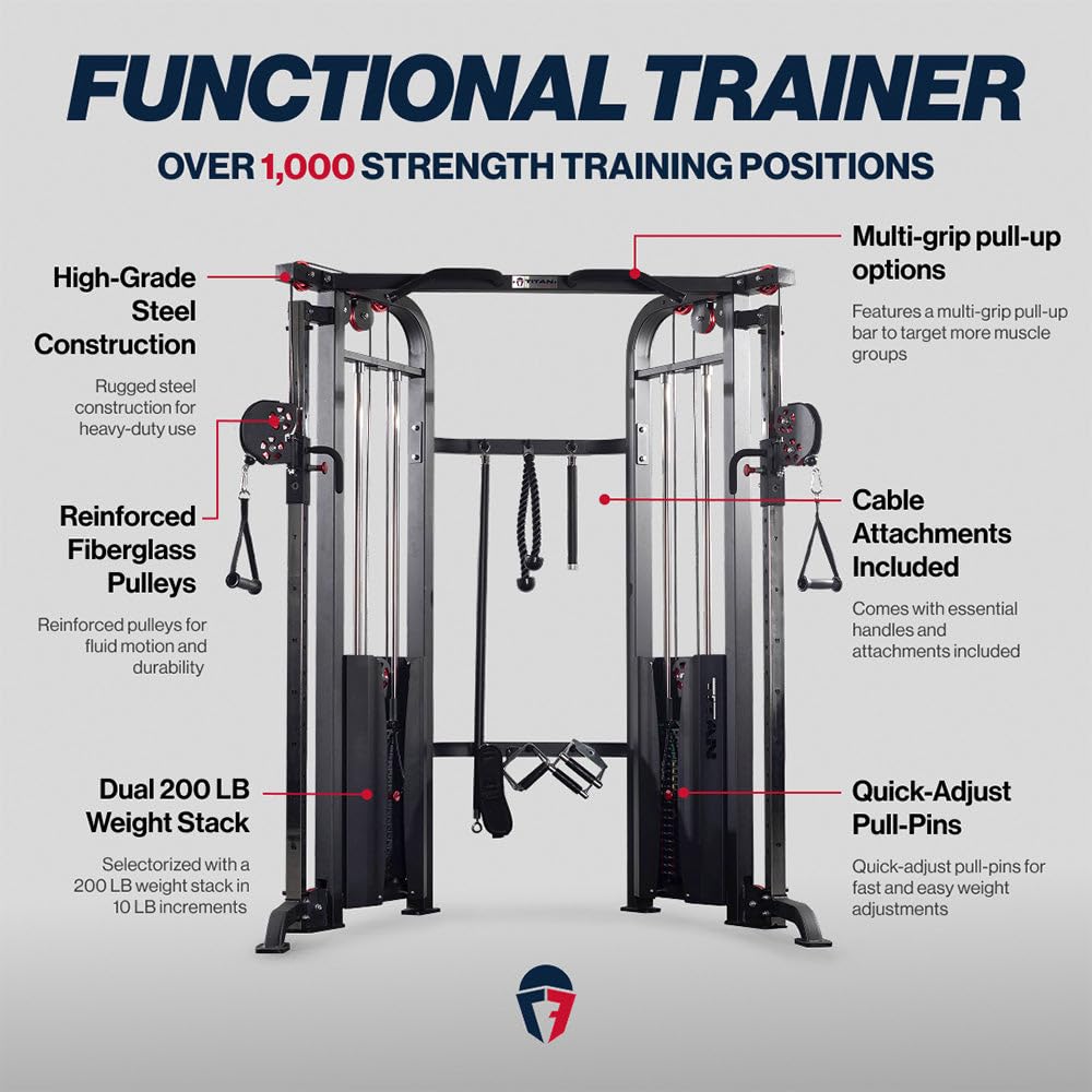 Titan Fitness Functional Trainer, Cable Crossover Machine with 200 LB Double Weight Stack, 2:1 Cable Pull Station, Home Gym Workout Weight Training Machine with Attachments