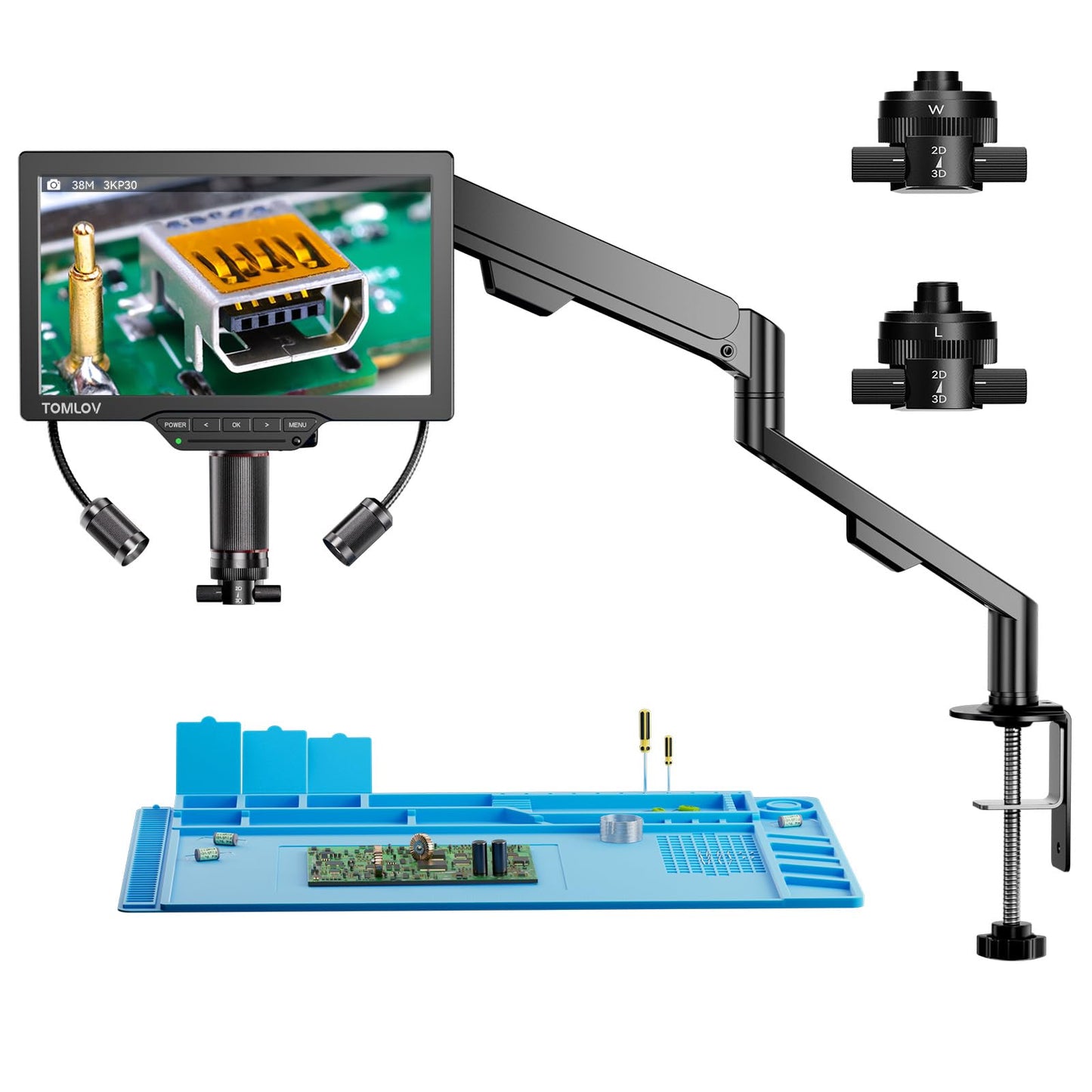 TOMLOV 3D Digital Microscope for Soldering: Magnetic Dual Lens Micro Scope TM3K-3D for Adult, Coin Microscope with Flex Arm, 3K 7-Inch IPS Screen, HDMI/USB Output, Gooseneck Light, Repair Mat, 16GB
