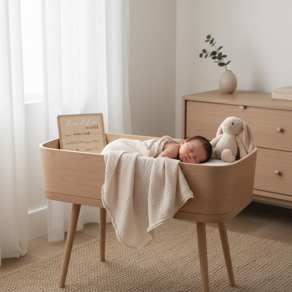 Kate & Milo Wooden Hello World Birth Announcement Photo Prop, Newborn Milestone Sign with Birth Details for Hospital